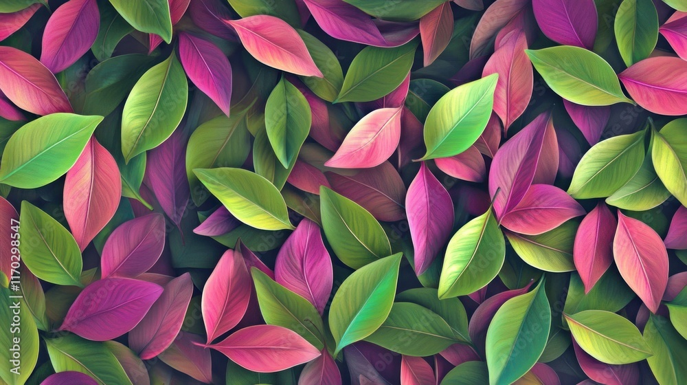Vibrant pink, green, and purple leaves create a lush, textured background. Vibrant pink, green, and purple leaves create a lush, textured background.