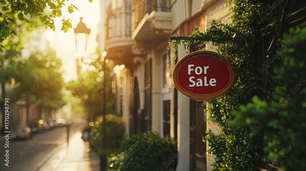 Charming Street Scene with For Sale Sign in Sunset Light Charming Street Scene with For Sale Sign in Sunset Light