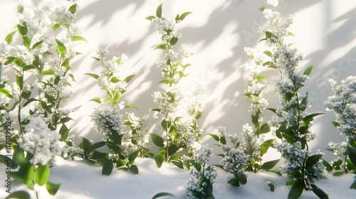 White flowers bloom in sunlight on snowy ground