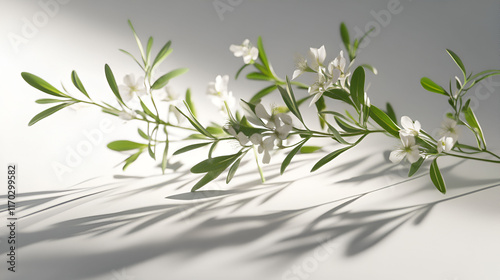 Delicate White Flowers and Green Leaves Branch