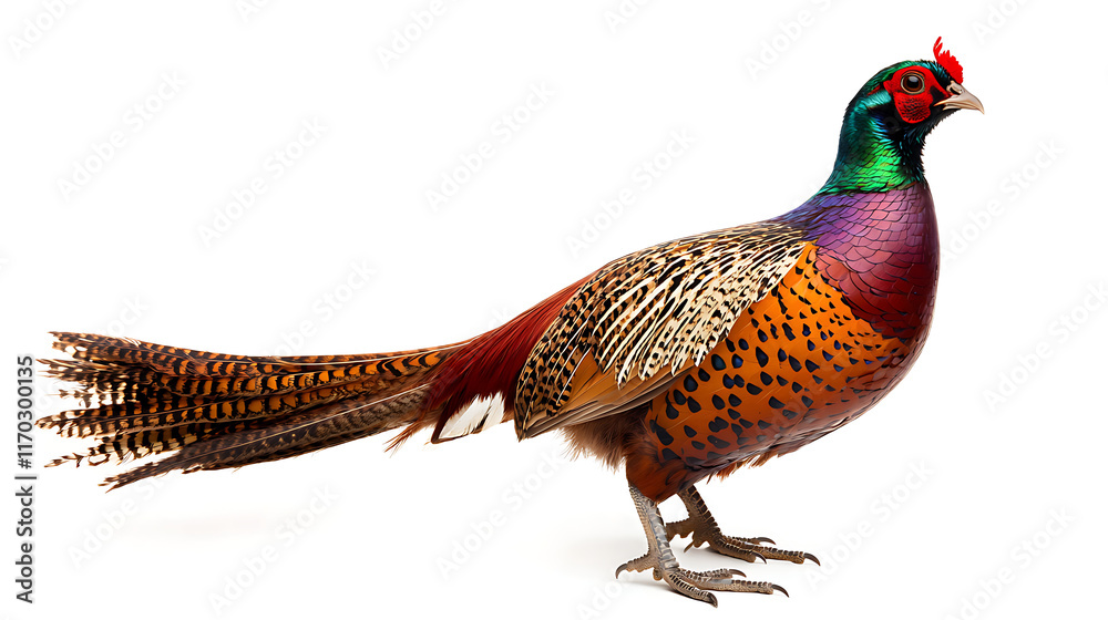 Fototapeta premium Beautiful brown pheasant with colorful feathers, isolated on white background