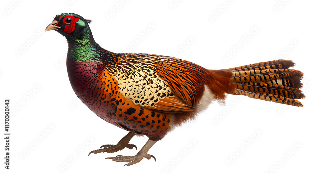Fototapeta premium Beautiful brown pheasant with colorful feathers, isolated on white background