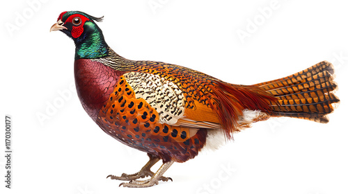 Beautiful brown pheasant with colorful feathers, isolated on white background photo