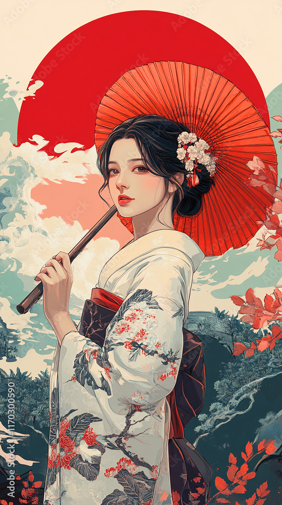 Fototapeta premium Japanese traditional culture geisha beautiful girl wearing kimono yukata illustration background