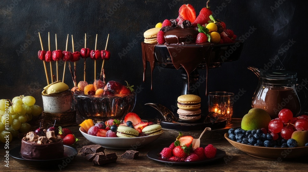 Fototapeta premium Delicious chocolate dessert buffet with assorted fruits.