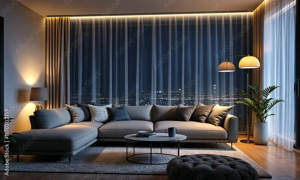 Cozy modern living room night features a large sectional sofa, a coffee table, and a potted plant, with a city skyline visible through the window.