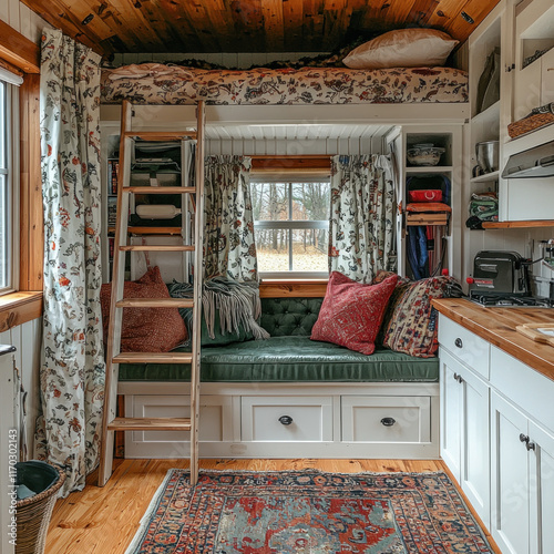 Cozy tiny house interior with loft bed, kitchen, and seating area. photo