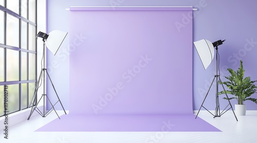 Minimalist photography studio setup with purple backdrop and natural light.