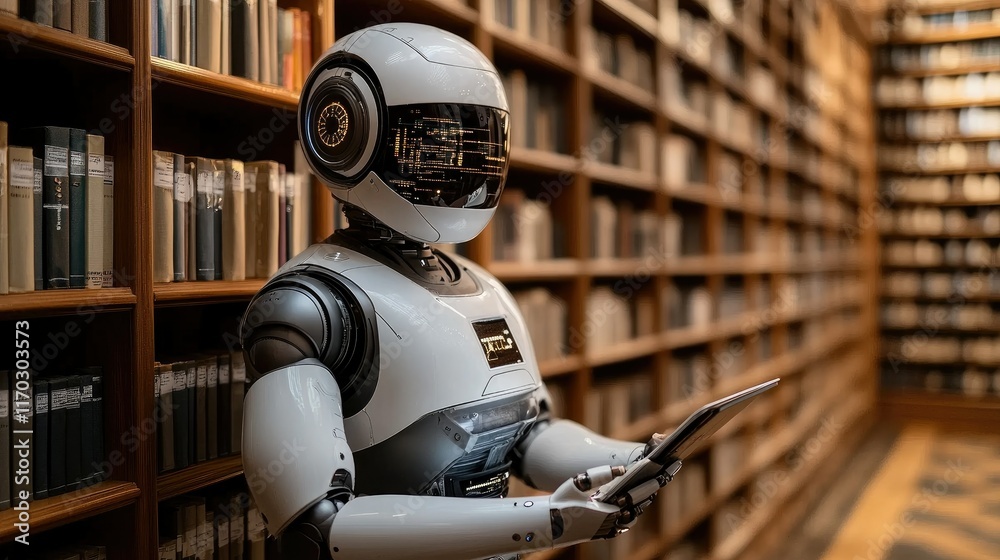 Robot using tablet in library surrounded by bookshelves. Robot using tablet in library surrounded by bookshelves.