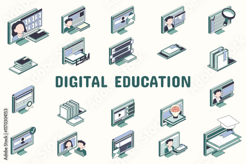 Digital Education Lineal Color Vector Illustration Icon Sticker Set Design Materials