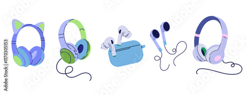 Hand drawn set of headphones. Recording and listening to podcasts, broadcasting, online radio. Concept streaming audio service. Cartoon vector set. Isolated elements