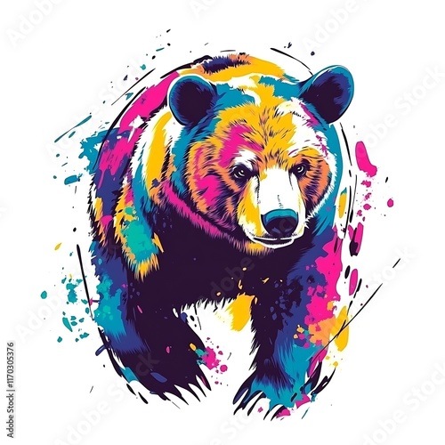 Colorful bear portrait with paint splatters. photo