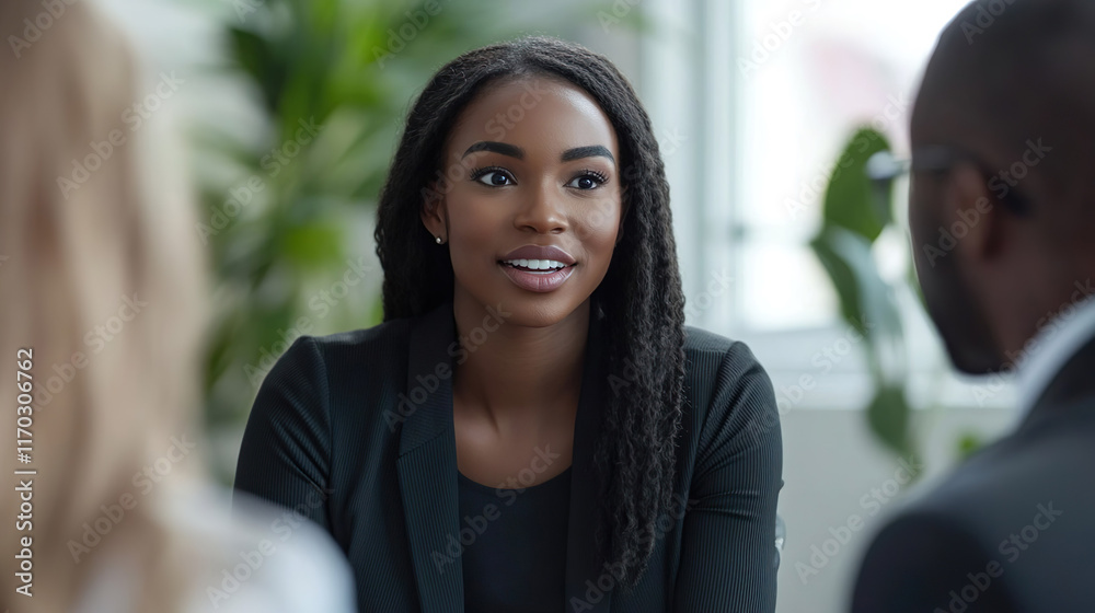 Fototapeta premium Black female financial advisor talks to couple during meeting in office