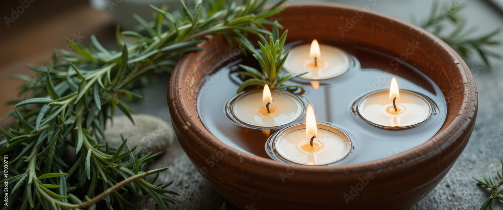 A serene arrangement of floating candles in a bowl with herbs. A serene arrangement of floating candles in a bowl with herbs.