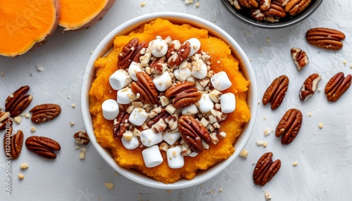 Sweet Potato Casserole with Marshmallows and Pecans on White Wooden Surface