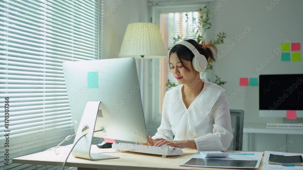 Office worker ending her workday, taking off her headphones, and getting ready to leave the office after finishing her tasks on the computer Office worker ending her workday, taking off her headphones, and getting ready to leave the office after finishing her tasks on the computer