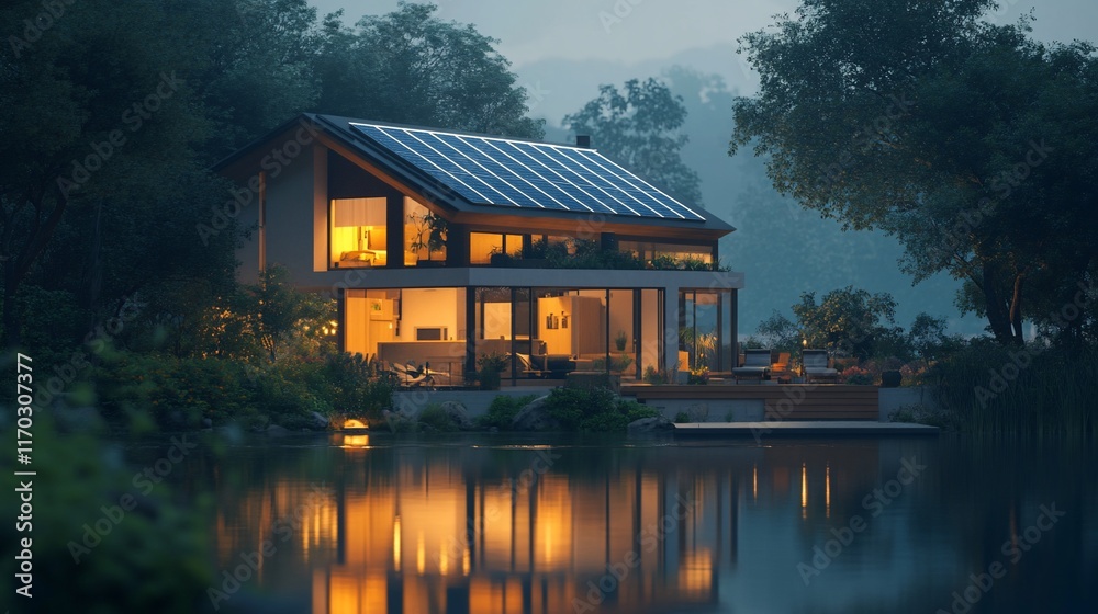 Fototapeta premium Modern eco-friendly house with solar panels, illuminated at night, reflecting on a calm lake.