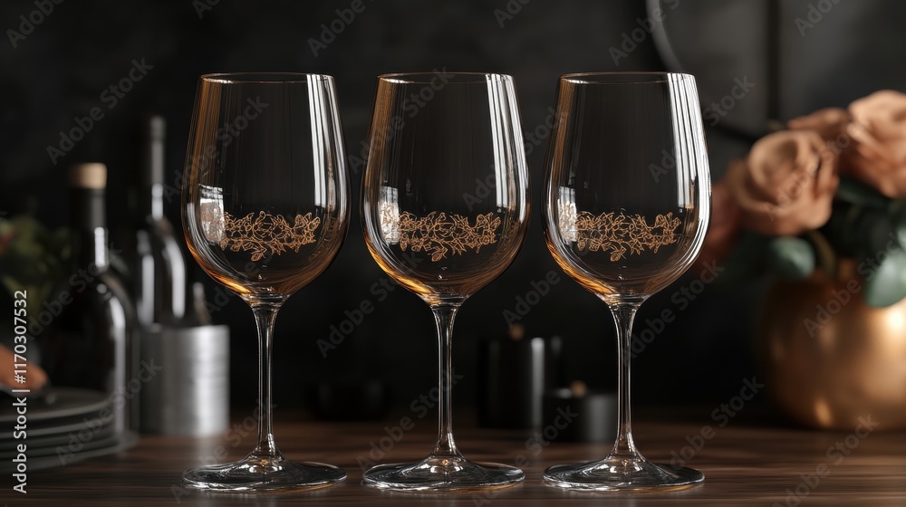 Elegant wine glasses set on rustic table indoor dining room decorative lifestyle photography Elegant wine glasses set on rustic table indoor dining room decorative lifestyle photography