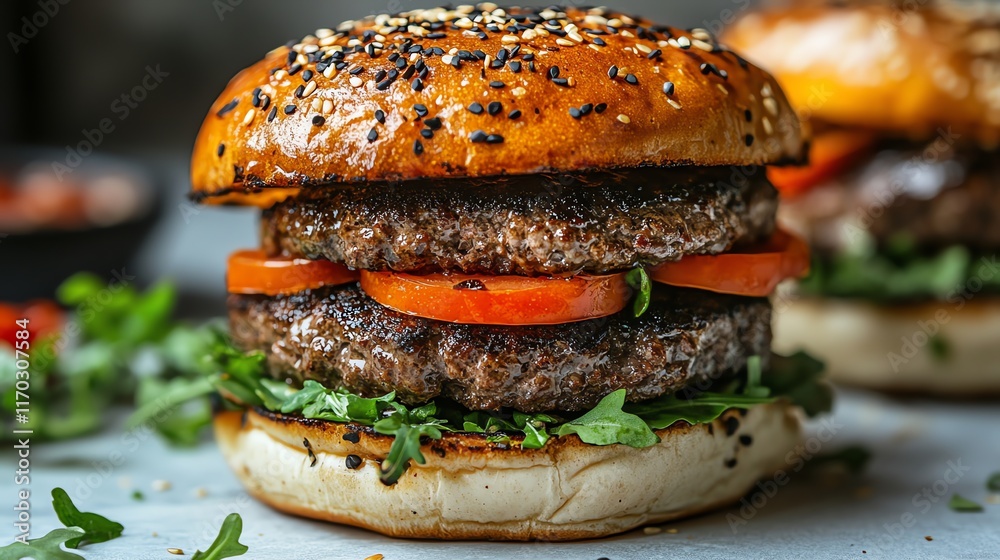 A close-up shot of a juicy double cheeseburger with lettuce, tomatoes, and a sesame seed bun. A close-up shot of a juicy double cheeseburger with lettuce, tomatoes, and a sesame seed bun.