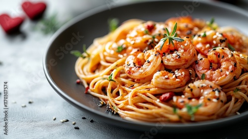 Delicious Spicy Shrimp Spaghetty with Sesame Seeds for a Romantic Dinner photo