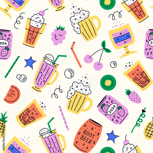 Retro Fizzy Drinks Seamless Pattern. Playful Soda and Carbonated beverage glasses cups and mugs with falling fruits and bubbles. Flat style vector illustration