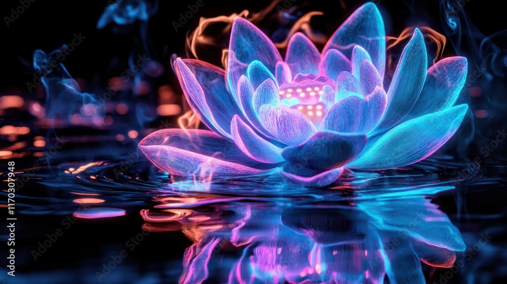 Obraz premium Neon Lotus Bloom: Mystical Water Lily in Glowing Colors