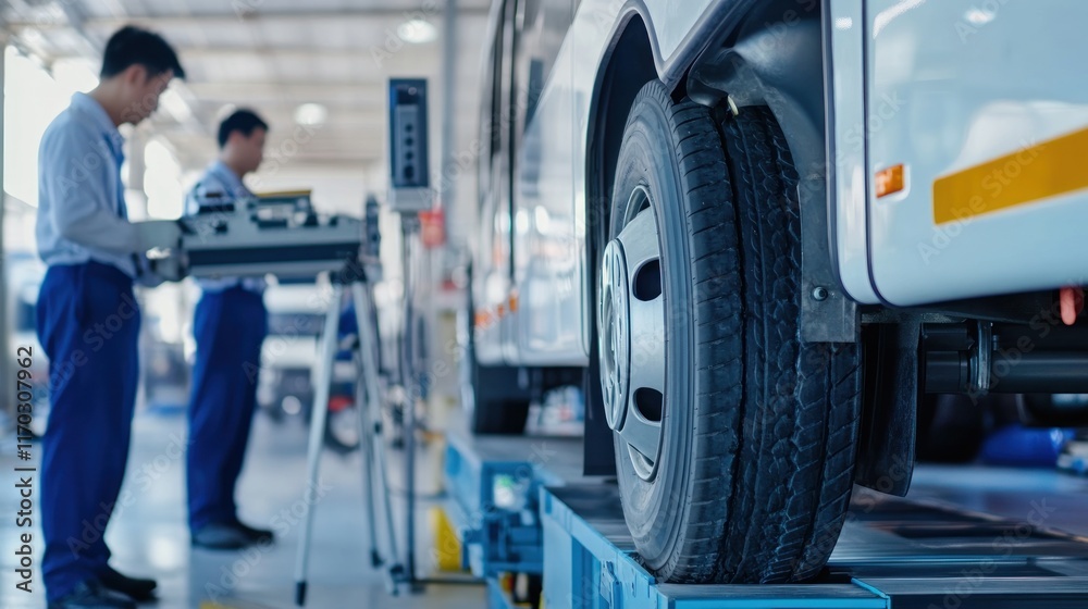 Mechanics working on a vehicle in a garage, focusing on tire inspection and maintenance. Mechanics working on a vehicle in a garage, focusing on tire inspection and maintenance.