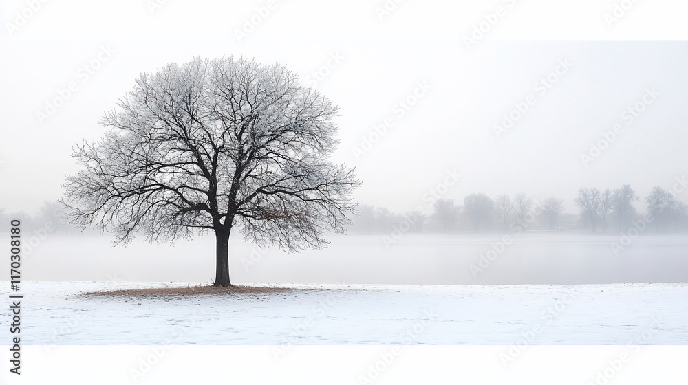 Fototapeta premium Solitary frost-covered tree in snowy field, foggy background.