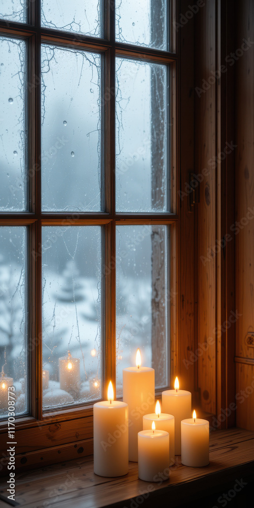 Naklejka premium Cozy winter scene with candles by a frosted window.