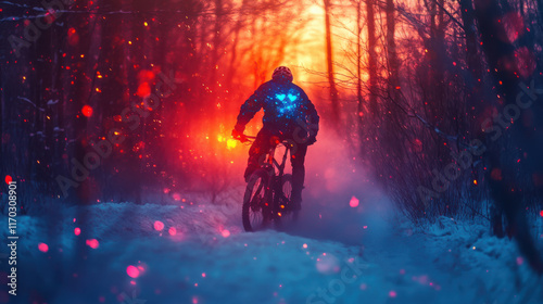 A stunning action shot of a figure in a Valentine's Day-themed outfit riding a bicycle through a serene snowy forest with icy blue and crimson highlights, illuminated by a low golden February sunset,  photo