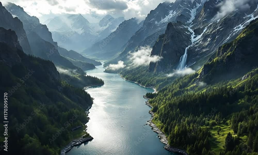 Aerial view of A mountain range with a river flowing through it. Videos Gratis Backgorunds Aerial view of A mountain range with a river flowing through it. Videos Gratis Backgorunds