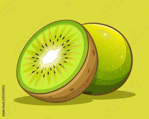 A single ripe kiwi sliced in half, revealing its bright green interior, set against a soft yellow backdrop.