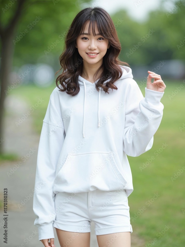Asian Woman in White Hoodie and Shorts - Front View Asian Woman in White Hoodie and Shorts - Front View