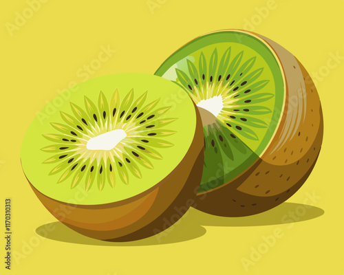 A single ripe kiwi sliced in half, revealing its bright green interior, set against a soft yellow backdrop.