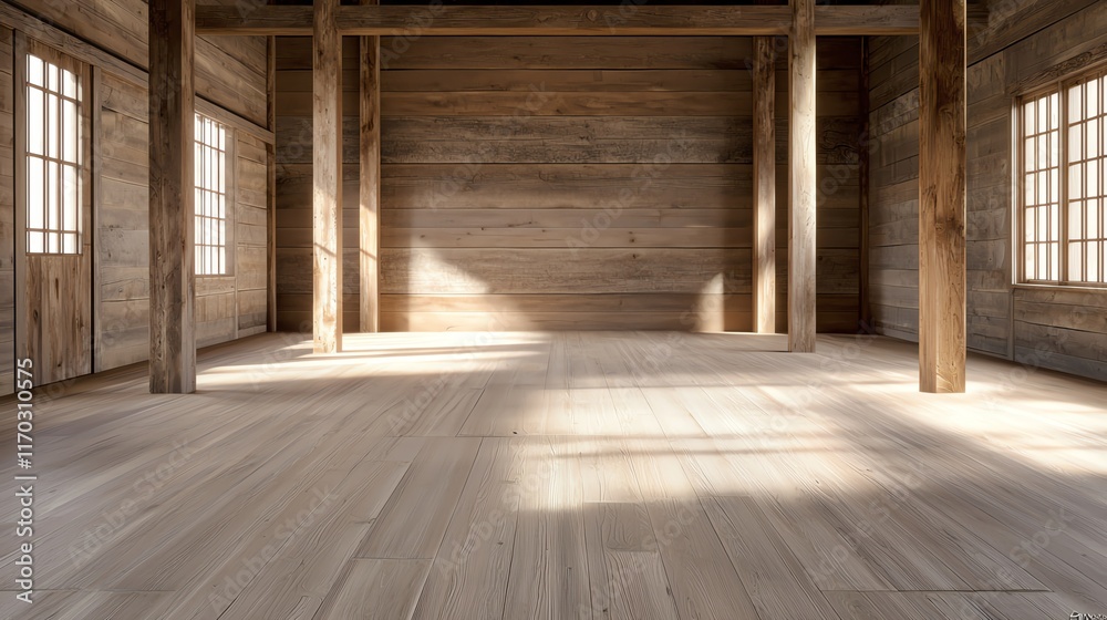 Sunlit empty wooden room with large beams and traditional windows, showcasing natural textures and serene simplicity. Sunlit empty wooden room with large beams and traditional windows, showcasing natural textures and serene simplicity.