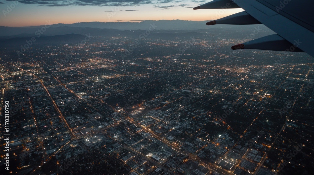 Night Cityscape from Airplane Window: Aerial View of Illuminated Urban Sprawl