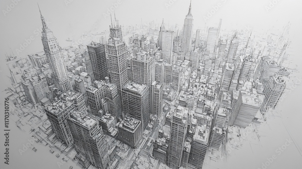 Fototapeta premium Sketch of a Cityscape Featuring Tall Buildings and Skyscrapers