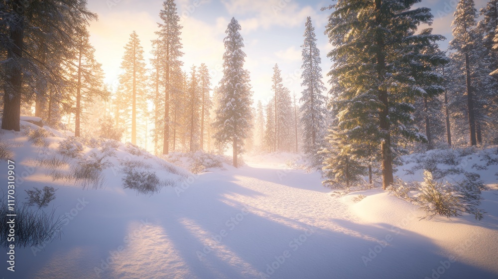 Winter Wonderland: Sunlit Snow-Covered Forest Path Winter Wonderland: Sunlit Snow-Covered Forest Path