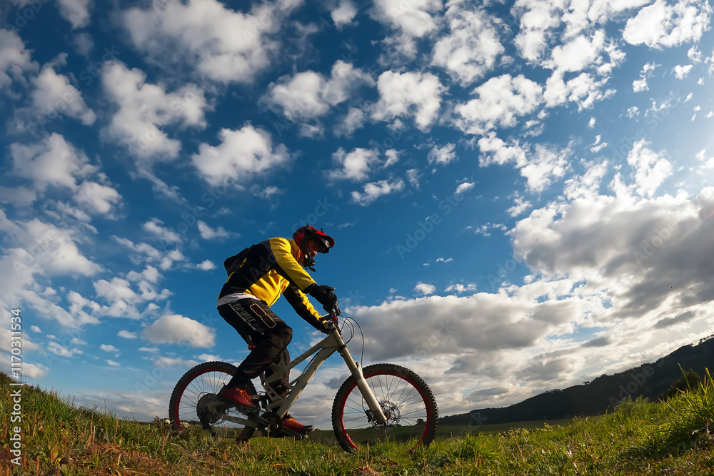 Mountain bike cyclist riding on rugged trails Mountain bike cyclist riding on rugged trails