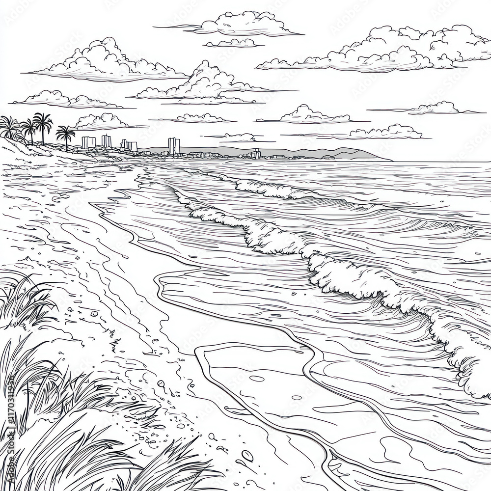 Fototapeta premium Black and white drawing of a beach scene with waves, sand, grass, and a cityscape in the distance.