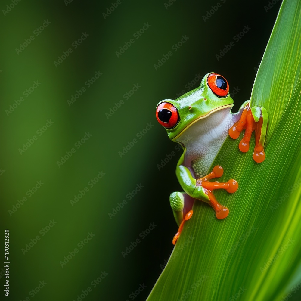 Obraz premium Close up of frog in an emerald green leaf