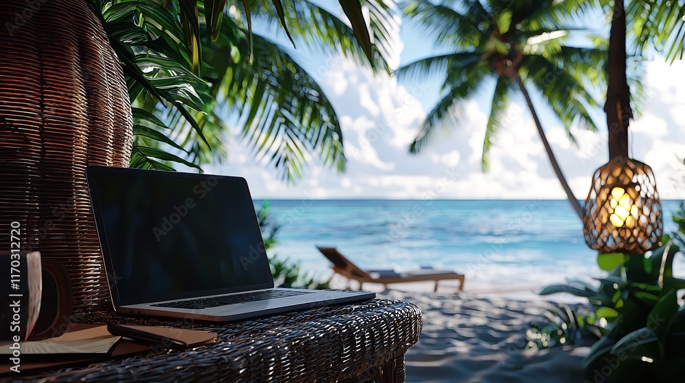 Cozy Workspace with a Laptop and Palm Tree Perfect for Remote Work Cozy Workspace with a Laptop and Palm Tree Perfect for Remote Work
