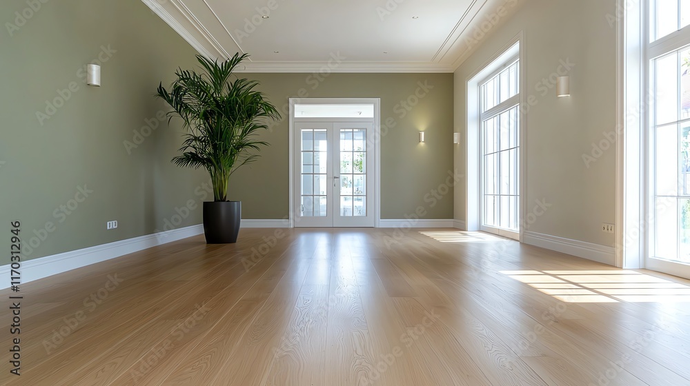 Obraz premium Spacious modern interior with wooden flooring and large windows, featuring a stylish potted plant.