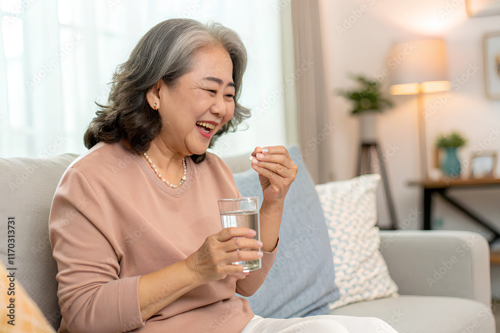 Asian old woman holding glass of water and taking vitamin, taking Pill sitting on sofa Asian old woman holding glass of water and taking vitamin, taking Pill sitting on sofa