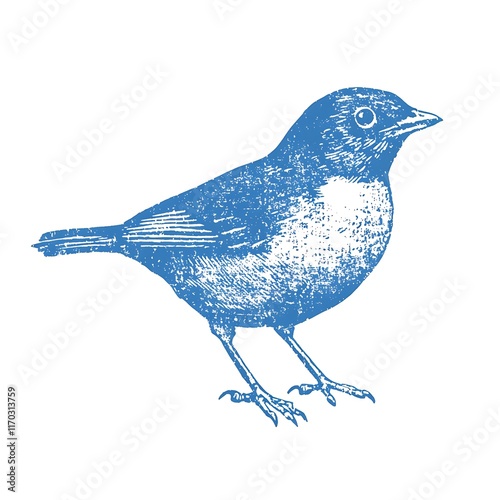 Blue vintage illustration of a small bird. photo