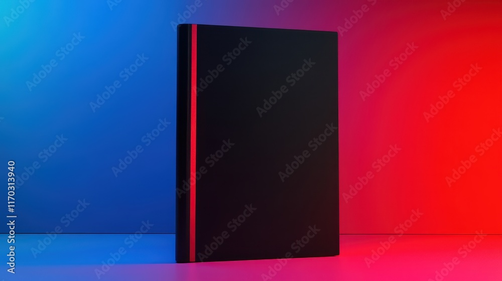 A blank black book cover stands upright mockup on vibrant background A blank black book cover stands upright mockup on vibrant background