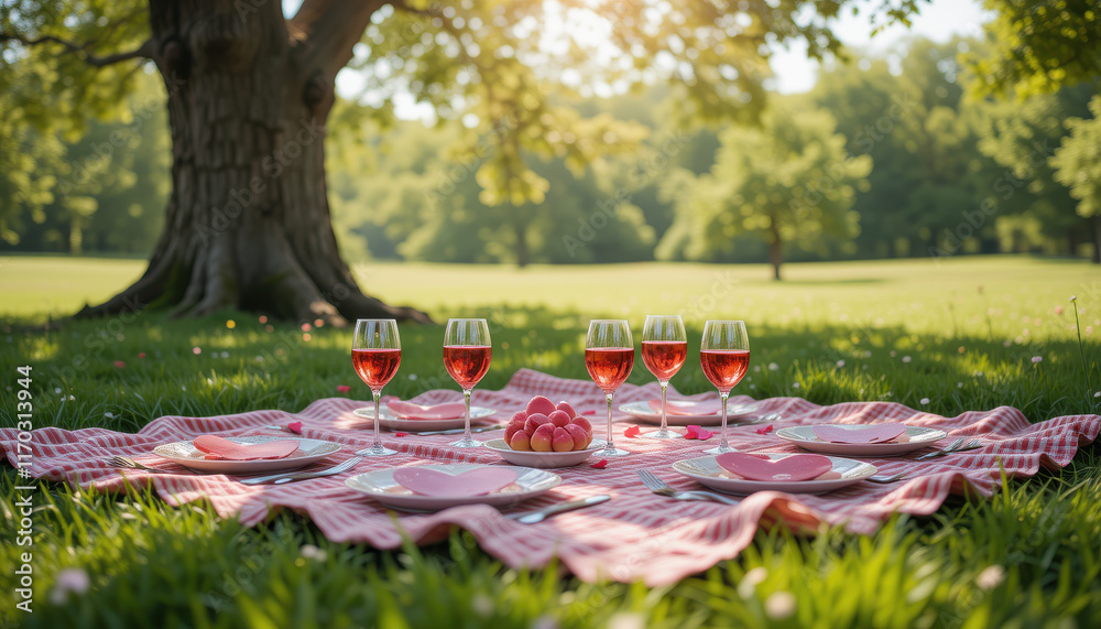 A picturesque picnic setup with drinks and snacks on a sunny day. A picturesque picnic setup with drinks and snacks on a sunny day.