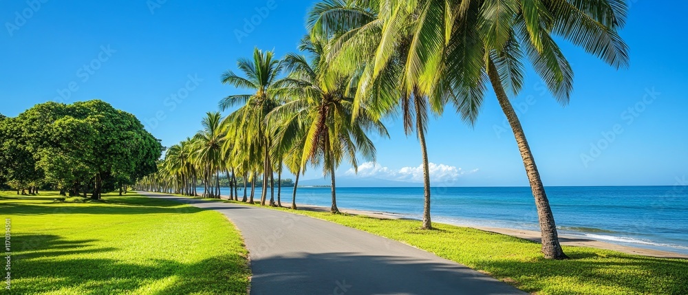 Obraz premium path along the beach in tropical island with palm trees and clear blue sky