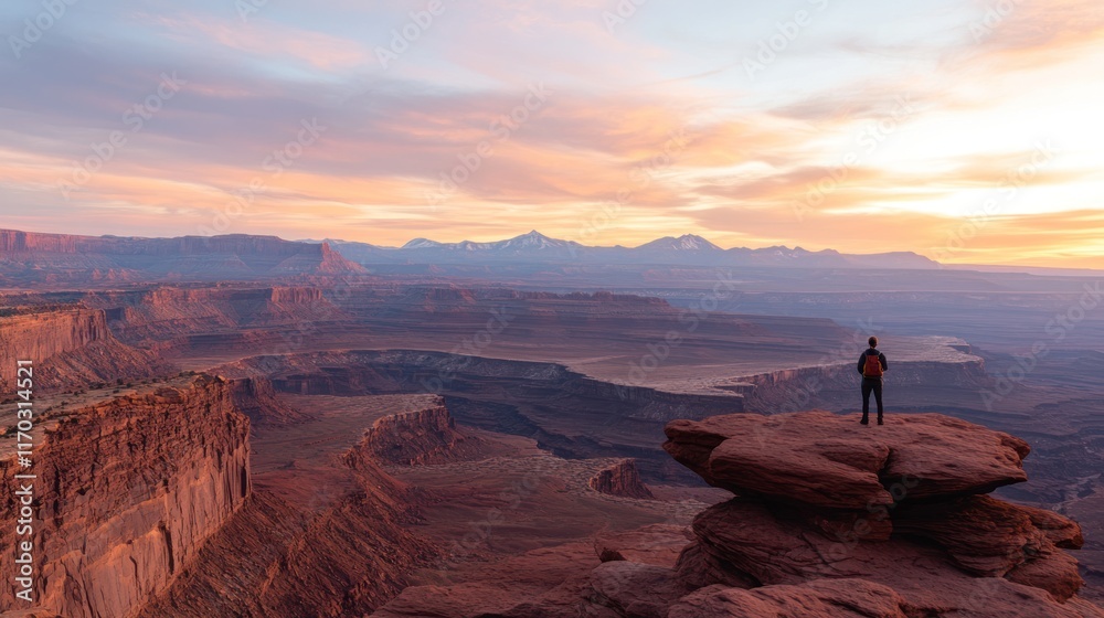 Naklejka premium Canyonlands National Park Sunrise Vista: A lone hiker contemplates the vast expanse of the desert landscape at dawn, bathed in the warm glow of the rising sun.