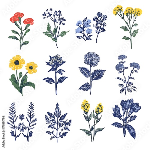 Colorful and blue wildflower collection.